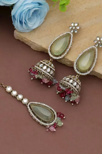 Multi color kundan earrings tikka set