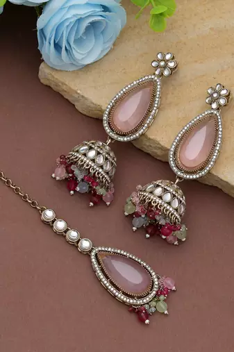 Multi color kundan earrings tikka set