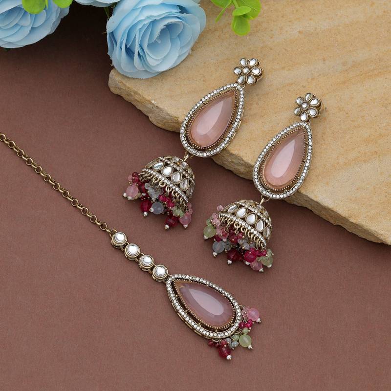 Multi color kundan earrings tikka set