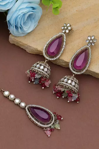 Multi color kundan earrings tikka set