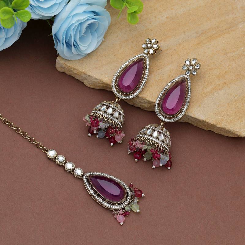 Multi color kundan earrings tikka set