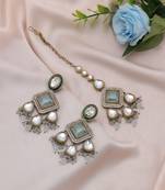 Sky blue color kundan earrings tikka set