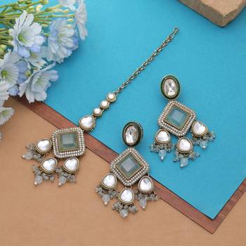 Sky blue color kundan earrings tikka set 2