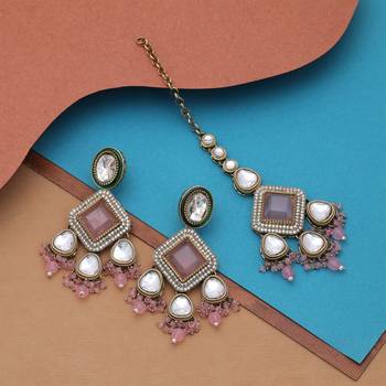 Light pink color kundan earrings tikka set 2