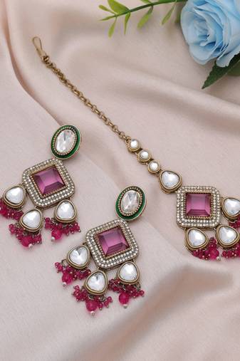 Rani color kundan earrings tikka set