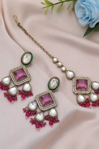 Rani color kundan earrings tikka set