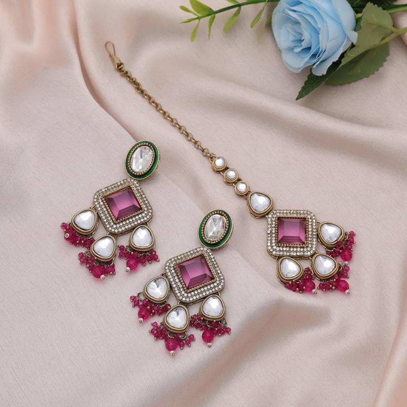 Rani color kundan earrings tikka set