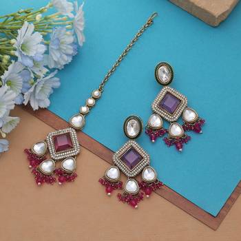 Rani color kundan earrings tikka set 2