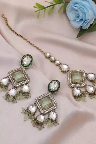 Pista green color kundan earrings tikka set