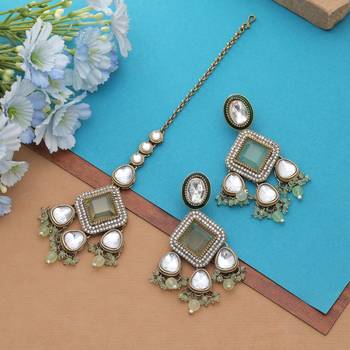 Pista green color kundan earrings tikka set 2