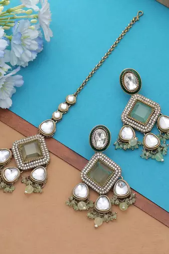 Pista green color kundan earrings tikka set