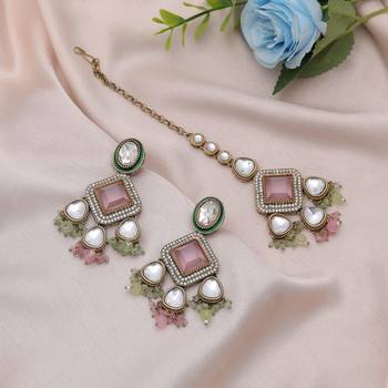 Pink & pista green color kundan earrings tikka set 1