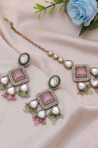 Pink & pista green color kundan earrings tikka set