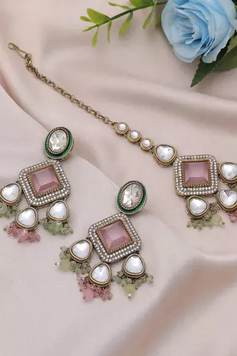 Pink & pista green color kundan earrings tikka set