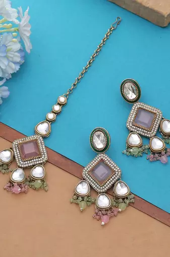 Pink & pista green color kundan earrings tikka set