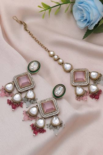 Multi color kundan earrings tikka set