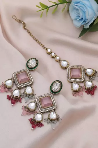 Multi color kundan earrings tikka set