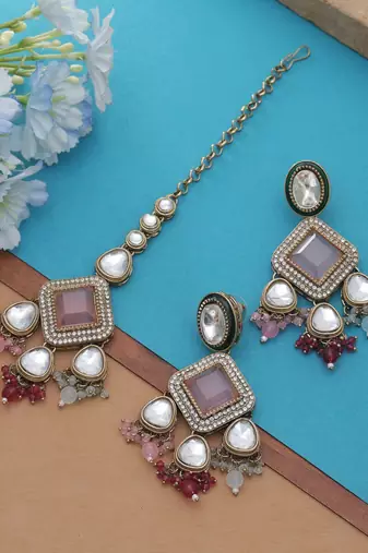 Multi color kundan earrings tikka set