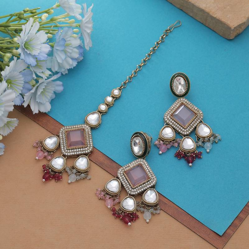 Multi color kundan earrings tikka set