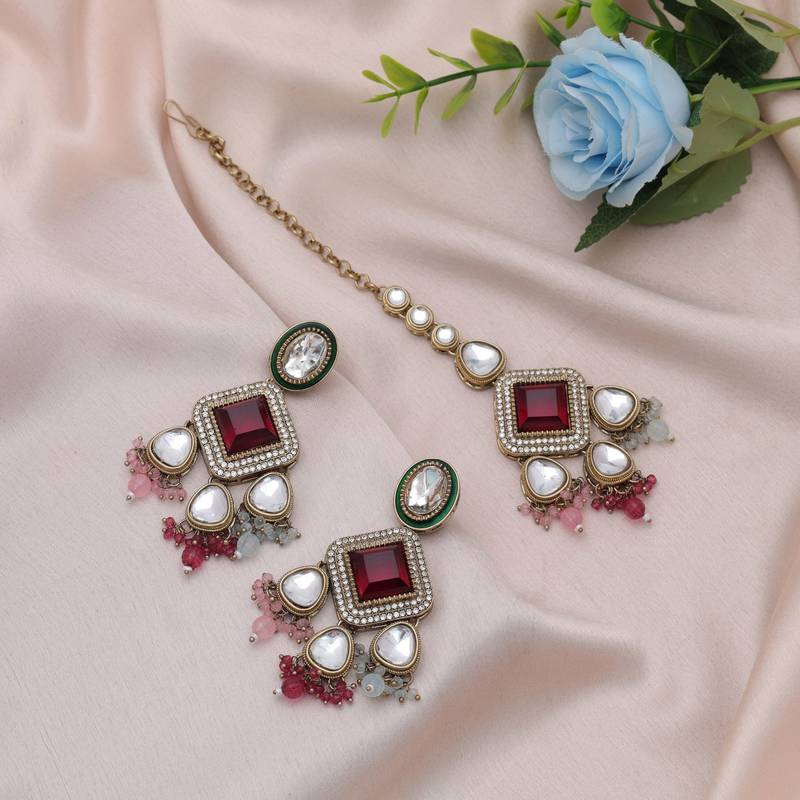 Multi color kundan earrings tikka set