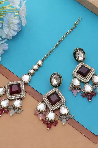 Multi color kundan earrings tikka set