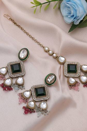 Multi color kundan earrings tikka set