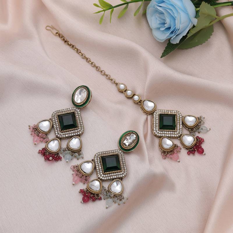 Multi color kundan earrings tikka set