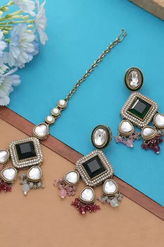 Multi color kundan earrings tikka set
