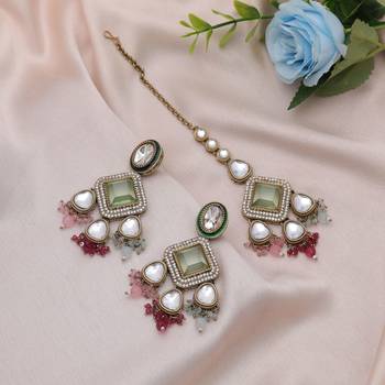 Multi color kundan earrings tikka set 1