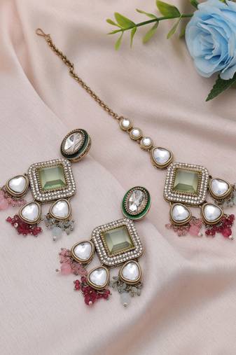 Multi color kundan earrings tikka set