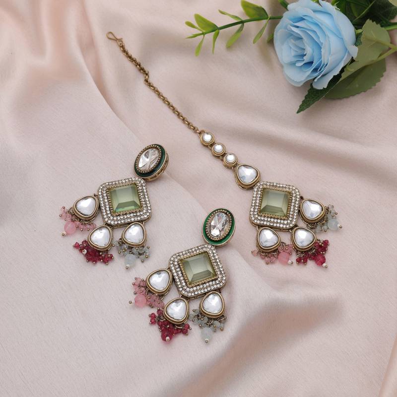 Multi color kundan earrings tikka set