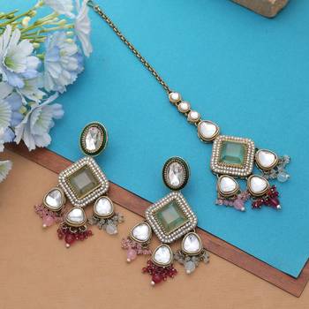 Multi color kundan earrings tikka set 2