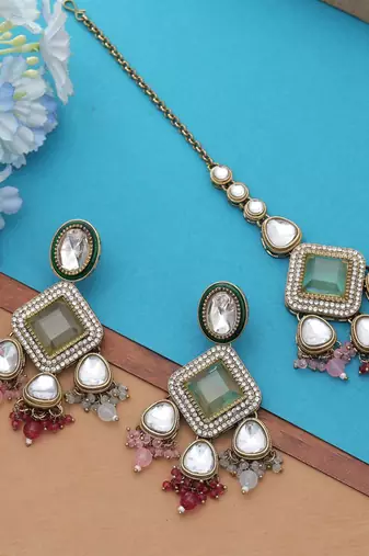 Multi color kundan earrings tikka set