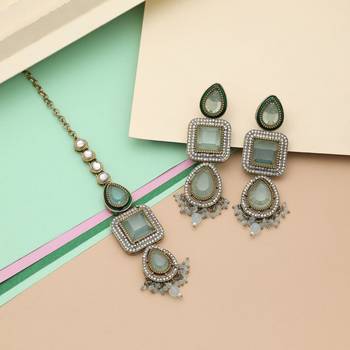 Sky blue color kundan earrings tikka set 1