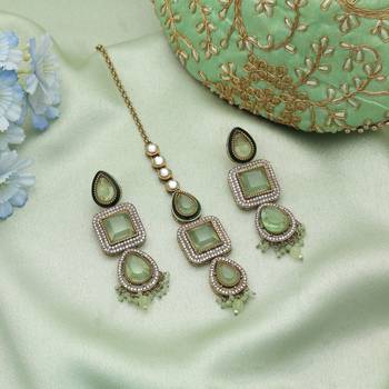 Pista green color kundan earrings tikka set 2