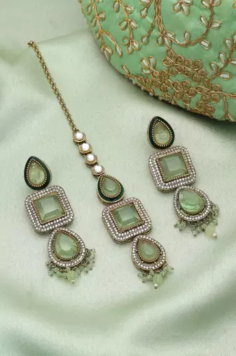 Pista green color kundan earrings tikka set