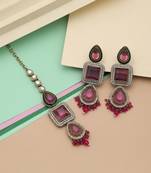 Rani color kundan earrings tikka set