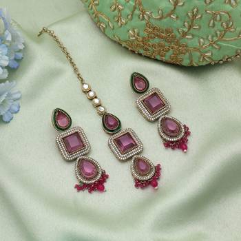 Rani color kundan earrings tikka set 2