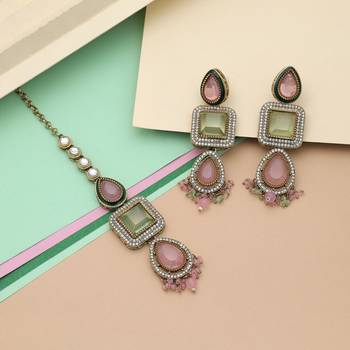 Pista green & pink color kundan earrings tikka set 1