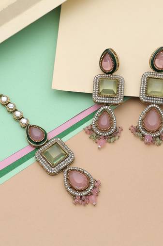 Pista green & pink color kundan earrings tikka set