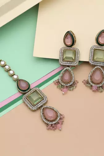 Pista green & pink color kundan earrings tikka set