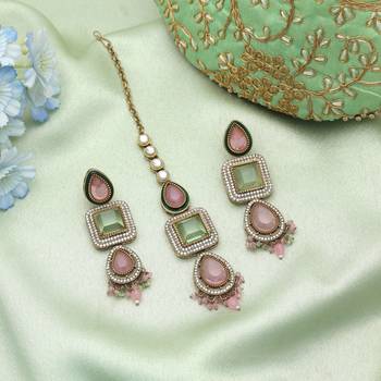 Pista green & pink color kundan earrings tikka set 2