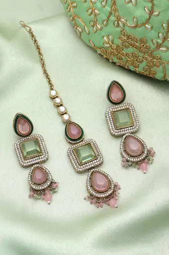 Pista green & pink color kundan earrings tikka set