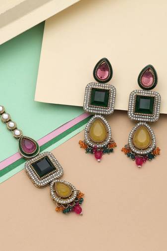 Multi color kundan earrings tikka set