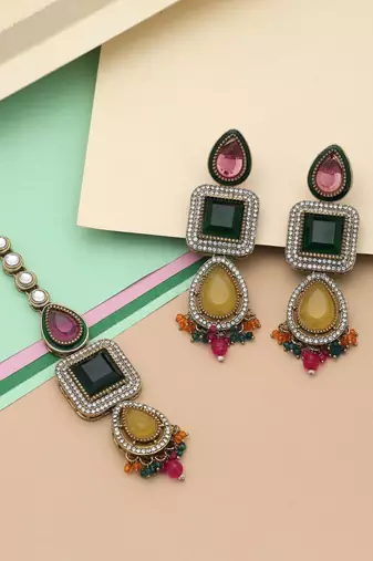 Multi color kundan earrings tikka set