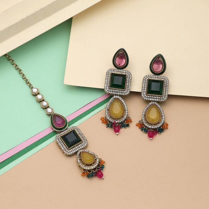 Multi color kundan earrings tikka set