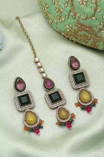 Multi color kundan earrings tikka set