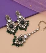 Green color kundan earrings tikka set