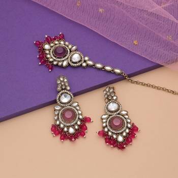 Rani color kundan earrings tikka set 1