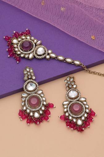 Rani color kundan earrings tikka set